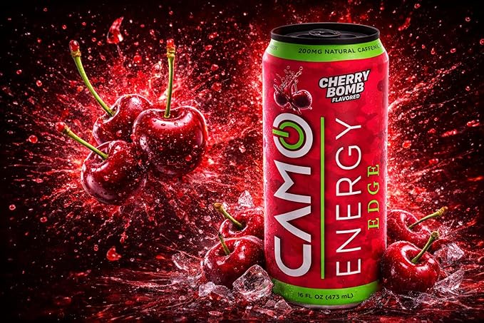 CAMO Energy Edge Cherry Bomb Energy Drink 16oz Cans 12 Pack Ultra Premium Caffeine Blend with Infinergy® DiCaffeine Malate Cognizin® Citicoline for Cognitive Fitness Zero Sugar
