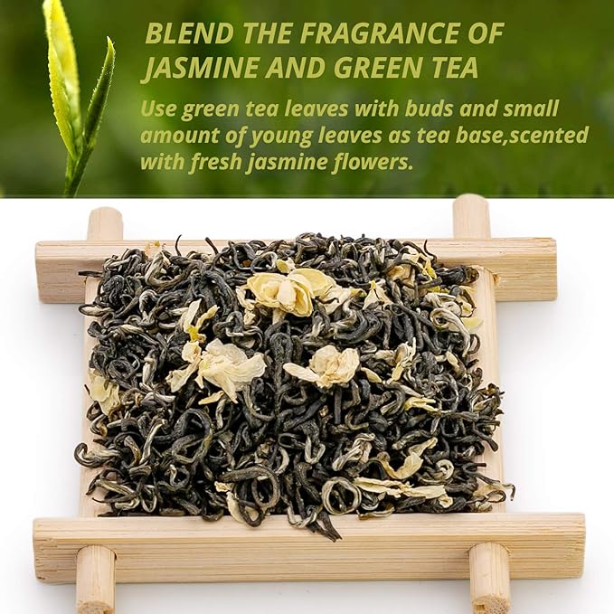Oriarm Bi Tan Piao Xue Jasmine Green Tea Loose Leaf - Chinese Green Tea Leaves with Jasmine Flowers - Yuqian 3rd Grade - 500g (17.64-ounce) Ziplock Resealable Bag