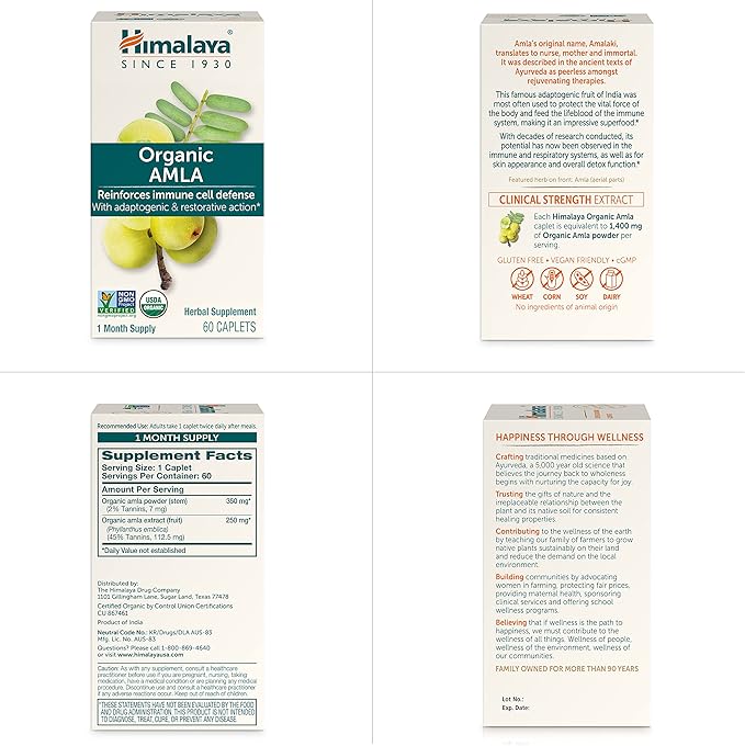 Himalaya Organic Amla/Amalaki for Active Immune Support and Cellular Defense 600 mg 60 Caplets 2 Month Supply 2 Pack