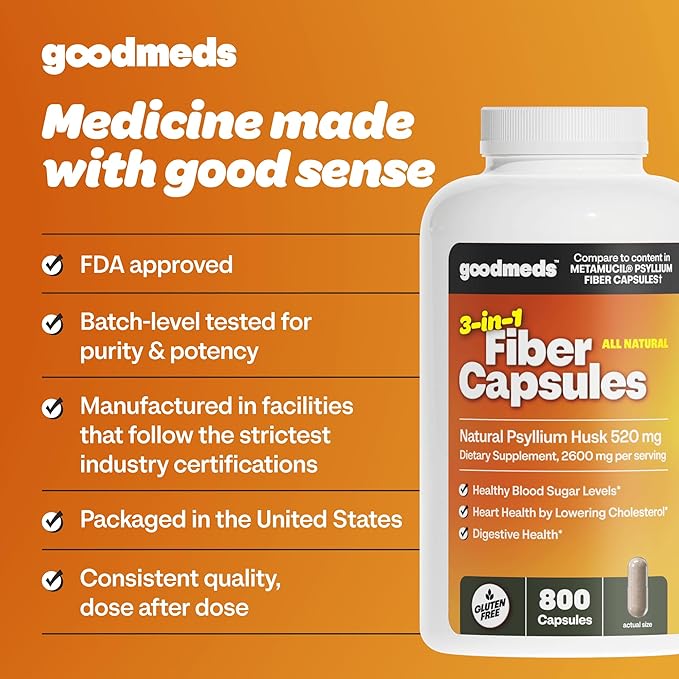 Psyllium Husk Fiber 520mg Capsules Supplement Soluble Dietary Colon Support for Women and Men Restore Digestive Regularity and Balance (800 Count)