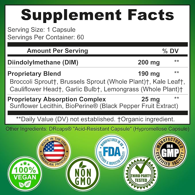 Optimal DIM 200mg Supplement for Women and Men - Made with Organic Whole Foods - Estrogen &amp Hormone Balance Support Diindolylmethane Complex - Maximum Absorption Delayed-Release Capsules - 60 Coun