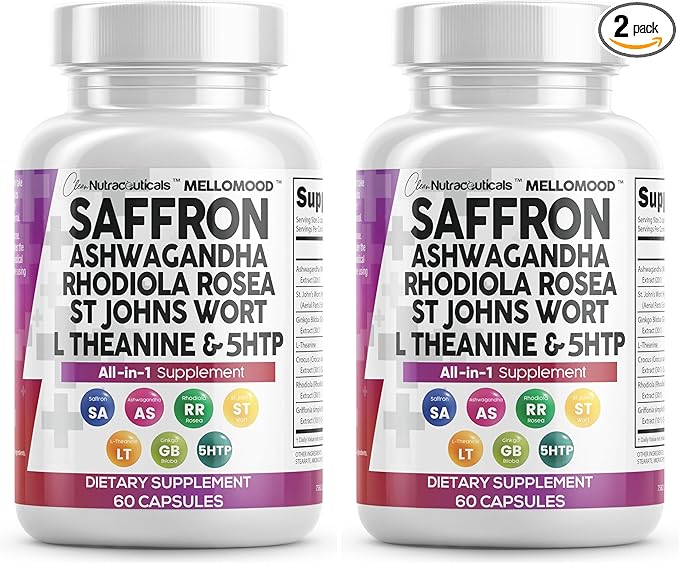 Clean Nutraceuticals Saffron Supplements Extract 100mg + Ashwagandha L-Theanine 200mg - Mood Support Ginkgo Biloba St. John's Wort Rhodiola Rosea &amp 5-HTP Capsules Pills Men Women (Pack of 2)