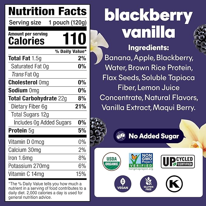 Noka Superfood Fruit Smoothie Pouches Blackberry Vanilla Healthy Snacks with Flax Seed Plant Protein and Prebiotic Fiber Vegan and Gluten Free Snacks Organic Squeeze Pouch 4.22 oz 12 Count