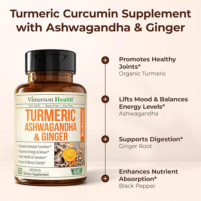 Ashwagandha Organic Turmeric Curcumin Supplement with Ginger Root &amp Black Pepper – Joint Health Energy &amp Immune Support – Antioxidant Blend with 95% Curcuminoids – 2 Pack