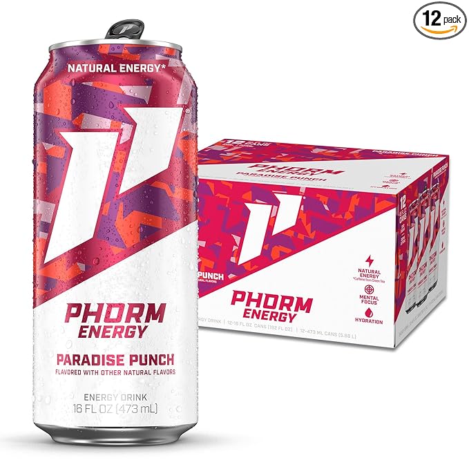 Phorm Energy Drink Paradise Punch 200 MG Natural Caffeine From Green Tea Sugar Free Carbonated Drink With Electrolytes &amp Vitamin B12 Dairy &amp Gluten Free Vegan 16 FL Oz Cans 12 Pack