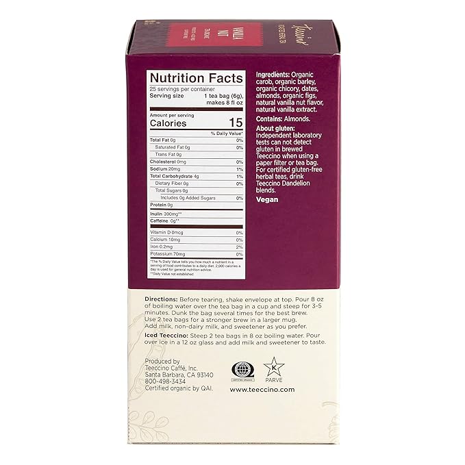 Teeccino Vanilla Nut Herbal Tea &amp Chicory Coffee Alternative Bundled Collection Caffeine Free &amp Acid Free Prebiotic for Natural Energy