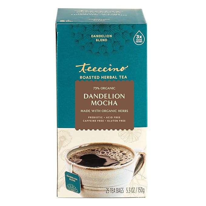 Teeccino Dandelion Mocha Tea - 25 Tea Bags - Caffeine-Free Roasted Herbal Tea with Prebiotics 3x More Herbs than Regular Tea Bags - Gluten-Free Acid-Free Coffee Alternative (Pack of 3)