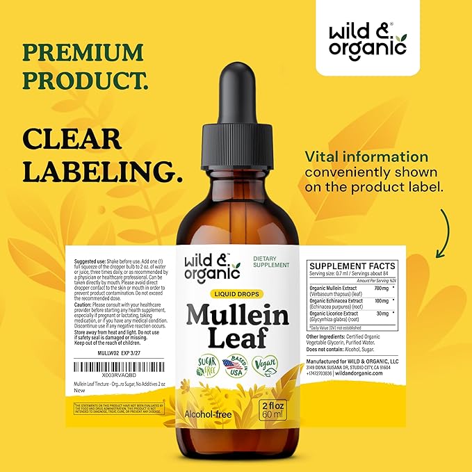 Wild &amp Organic Mullein Drops for Lungs - Herbal Detox and Cleanse - Mullein Leaf Extract for Lungs with Echinacea - Verbascum Thapsus Tincture - Vegan Sugar &amp Alcohol-Free Liquid Supplement -