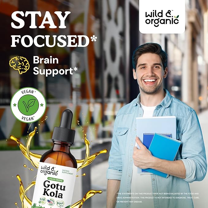 Wild &amp Organic Gotu Kola Herb Tincture - Brain Support - Gotu Kola Liquid Extract Drops - Vegan Sugar &amp Alcohol-Free Centella Asiatica Supplement - 2 fl oz