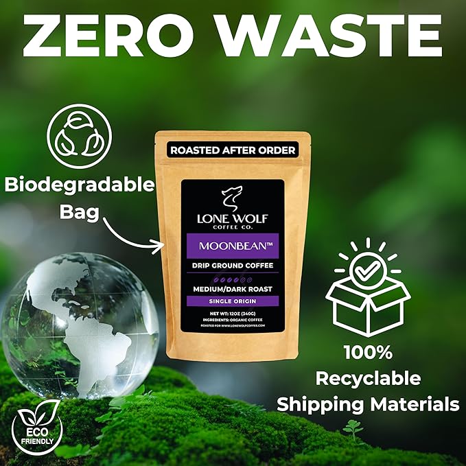 Moonbean - Freshly Roasted After Your Order – Specialty Grade Low Acid Organic Single Origin Medium to Dark Roast Drip Ground Coffee No Bitterness Ethically Sourced 12OZ Compostable Bag