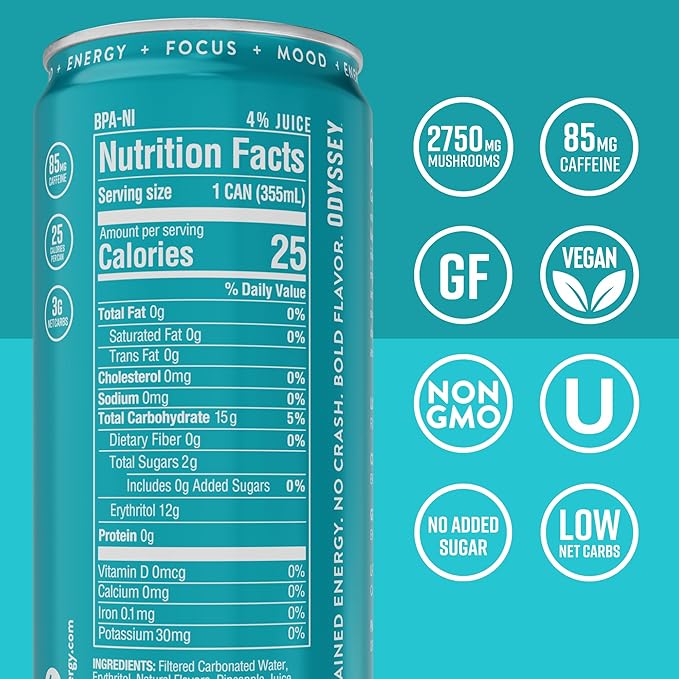 Odyssey Functional Energy Drink for Focus Cognition &amp Mood Support 12 Pack - Adaptogenic Drink with 85mg Green Tea Caffeine Lion’s Mane Cordyceps L-Theanine &amp Ginseng Sparkling Tropical