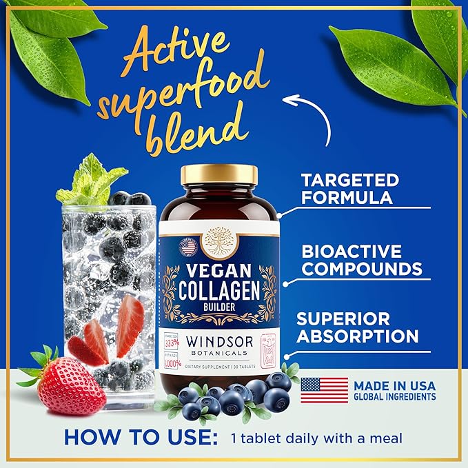 Vegan Collagen for Women and Men - Organic Superfood Amino Acids Glycine Lysine Proline for Healthy Skin Hair Nails - Plant-Based Collagen Booster Supplements - 60 Gluten-Free Vegetarian Pills