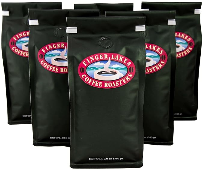 Finger Lakes Coffee Roasters Flavored Ground Coffee – (12 oz Bags) – Medium Dark or Light Roast – Small-Batch Artisan Blends Since 1996 – Freshly Roasted Gourmet Coffee (6 Bags Blueberry)