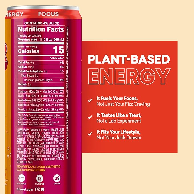 EBOOST Super Fuel Healthy Energy Drink Orange Mango and Strawberry Lemonade Bundle 12 Pack Each Focus Productivity 110 mg Caffeine Nootropics Electrolytes No Sucralose Taurine Artificial Flavors