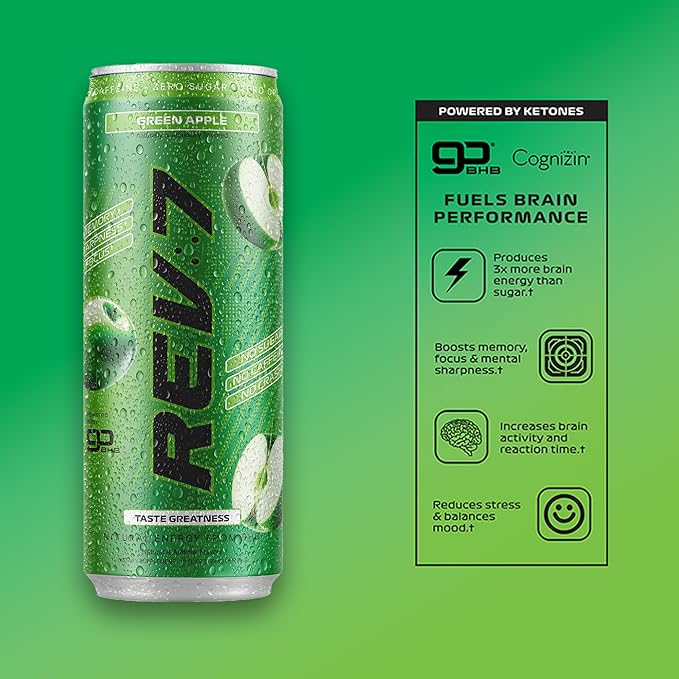 REV7 Energy Drink Caffeine Free Zero Sugar Powered by goBHB Ketones Green Apple - 12ct