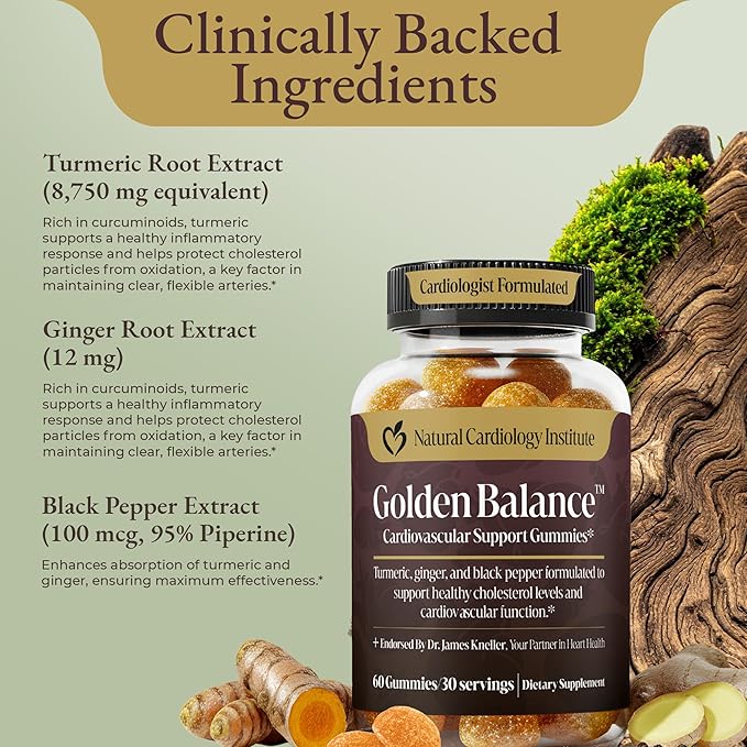 Golden Balance Turmeric Gummies - Turmeric and Ginger Supplement with Black Pepper Extract - High Absorption Turmeric Curcumin Supplement Gummies - Cholesterol Support &amp Heart Health Turmeric Gumm