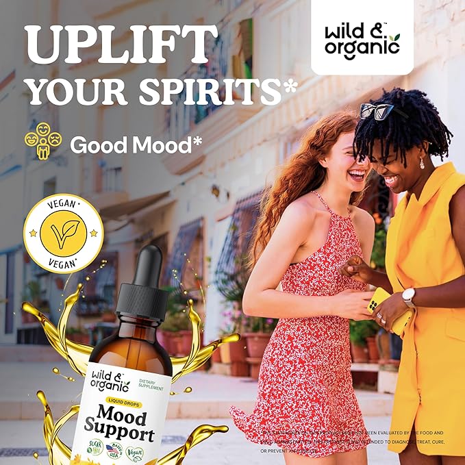 Wild &amp Organic Mood Support Drops - Good Mood Supplements w/Ashwagandha Root &amp Rhodiola Rosea - Natural Liquid Drops for Positive Energy - Calm and Relax Supplements for Women and Men - 2 oz