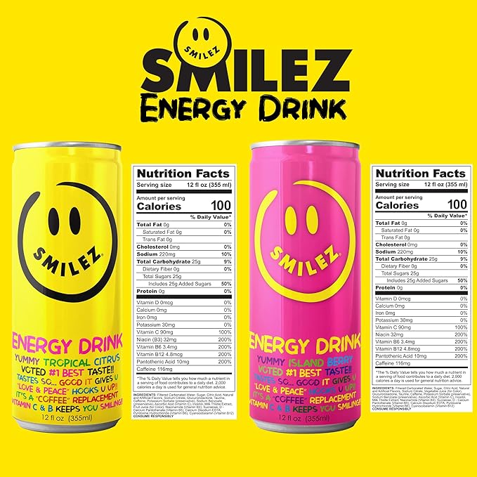 Smilez Energy Drink Variety Pack Tropical Citrus/Island Berry 12 Fl Oz Cans (Pack of 24)