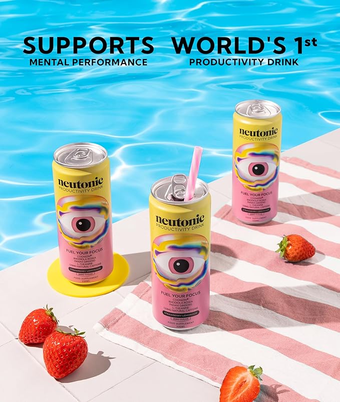 Neutonic Nootropic Productivity Energy Drink | Strawberry Lemonade 12 Cans | 120mg Natural Caffeine Zero Sugar | Support Memory Mental Clarity Cognitive Function | Boost Focus Energy Brain Health