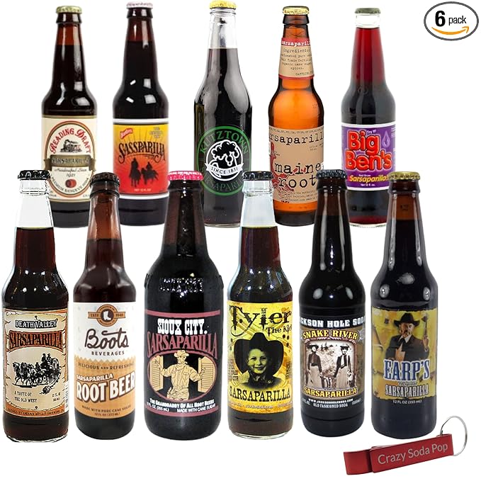 Sarsaparilla Soda Variety Sampler Pack | Premium Crafted Variety Pack from Around USA | Includes Crazy Soda Pop Bottle Opener (6 Pack)