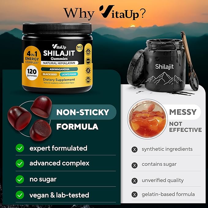 Himalayan Shilajit Gummies - Sugar Free Natural Shilajit Gummies with Fulvic Acid Ashwagandha Lions Mane Black Seed - Immune &amp Energy Support - 120 Count