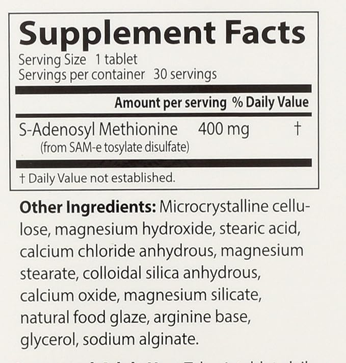 Doctor's Best SAM-e 400 mg Vegetarian Gluten Free Soy Free Mood and Joint Support 30 Enteric Coated Tablets