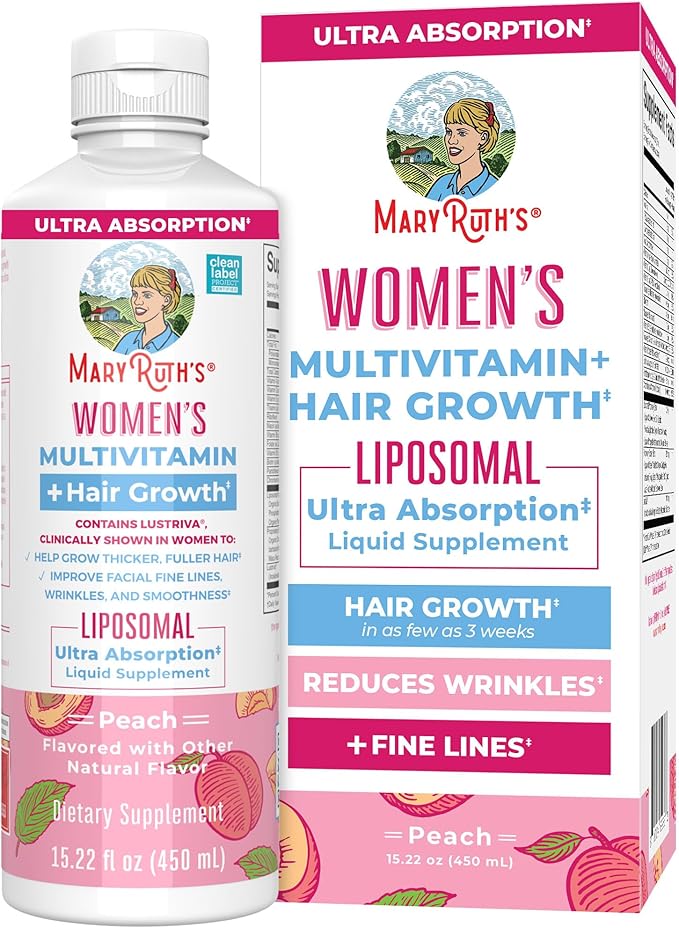 MARYRUTH'S Women's Multivitamin + Lustriva Hair Growth Liposomal | Biotin 10000mcg | Clinically Tested for Thicker Fuller Hair Improved Facial Fine Lines &amp Wrinkles | Ages 18+ | 15.22 Fl Oz