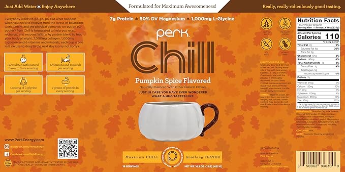 Perk Chill Drink Mix (Pumpkin Spice) 18 Servings – Calming Melatonin-Free Nighttime Sleep Aid Support with Magnesium &amp L-Glycine Soy-Free Peanut-Free Gluten-Free
