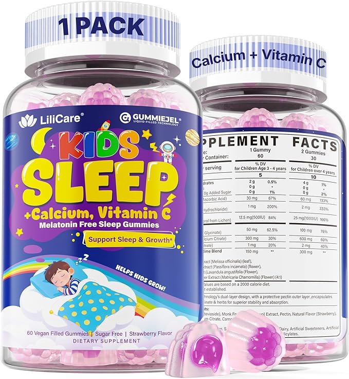 Kids Sleep Gummies - Magnesium Glycinate for Kid Melatonin Free Nighttime Gummies | with Vitamin C for Immune Calcium &amp D3 for Growth | GummieJel Liquid-Filled Melatonin Alternative 60ct