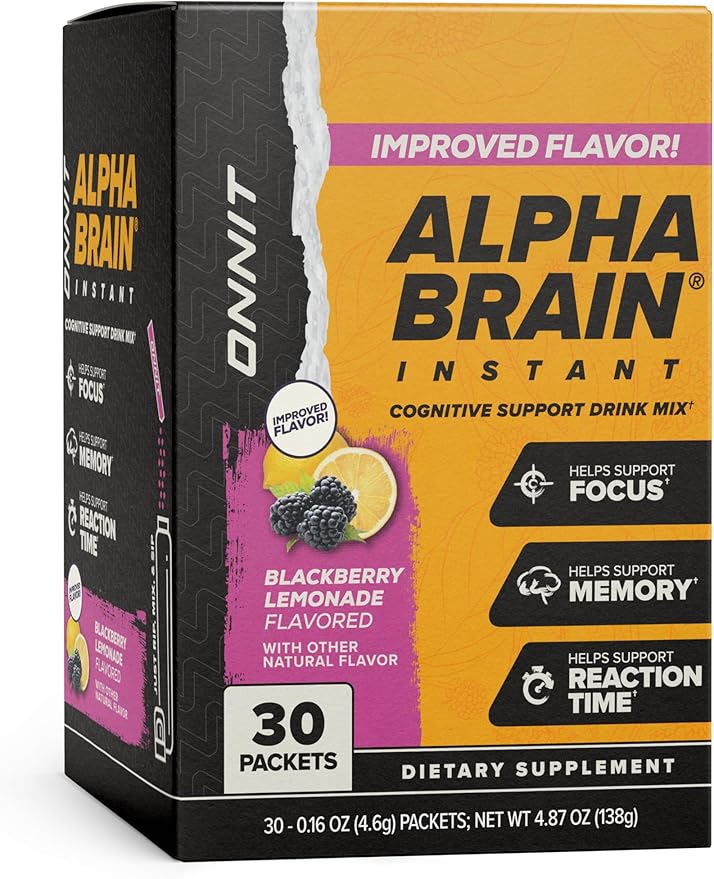 ONNIT Alpha Brain Instant Cognitive Support Drink Mix BlackBerry Lemonade Flavor Nootropic Supplement for Focus Memory and Clarity 0.13 oz Packets 30 Count