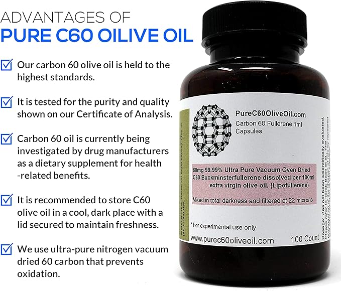 PureC60OliveOil C60 Organic Olive Oil Capsules Pills 100ml / 3.4 Fl Oz - 99.99% Carbon 60 Solvent Free 80mg - Food Grade - Carbon 60 Olive Oil - from The Leading Global Producer