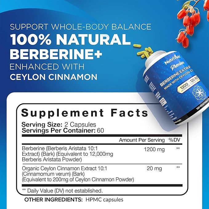 Nutrivein Premium Berberine 1200 mg with Ceylon Cinnamon - 120 Capsules: High-Absorption Berberine Supplement for Defenses Digestion &amp Metabolism