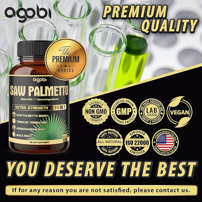 11in1 Saw Palmetto Capsules with Ashwagandha Turmeric Tribulus Maca Green Tea Ginger Holy Basil &amp More - Healthy Prostate &amp Hair Support - 180 Count 6-Month Supply