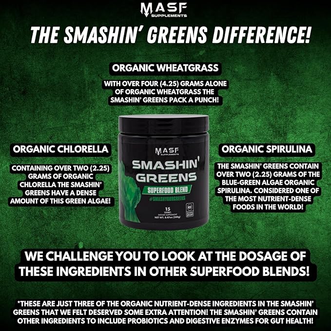 MASF Supplements Smashin' Greens Superfood Organic Blend - 15 Servings - Boost Energy Immune Support Digestive Health with Organic Wheat Grass Spirulina Chlorella - NSF Certified