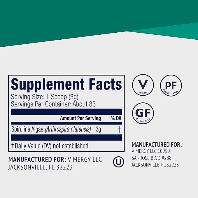 Vimergy Spirulina Powder – Concentrated Plant Protein Supports Immune Health &amp Cardiovascular Function – Vegan Kosher Gluten-Free – 250g