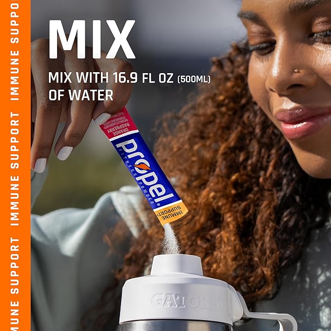 Propel Immune Support Electrolyte Enhanced Water Drink Mix Powder Packets Orange Raspberry 100% DV Vitamin C Zero Sugar Hydration with Electrolytes &amp Vitamins (120 Packets) (Pack of 240)