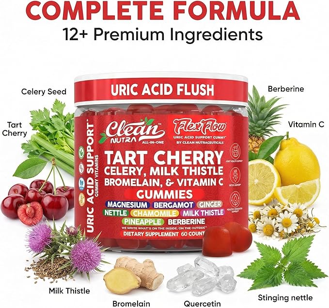 Clean Nutra Tart Cherry Gummies Uric Acid Flush Celery Milk Thistle Bromelain Vitamin C Magnesium Citrus Bergamot Ginger Stinging Nettle Leaf Chamomile Berberine Quercetin Support 60 Gummy Vitamins