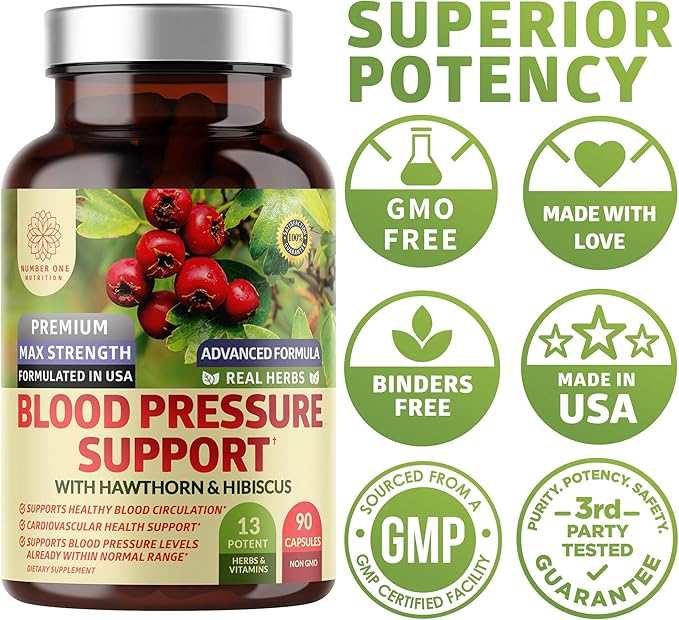 N1N Premium Blood Pressure Support with Hawthorn and Hibiscus [13 Potent Ingredients] Natural Supplement to Support Blood Flow Health 90 Caps
