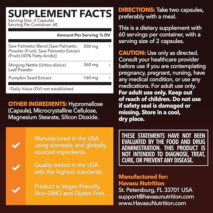 Saw Palmetto Supplement with Stinging Nettle and Pumpkin Seed Extract - Advanced 3X Formula - DHT Blocker Urinary Health and Prostate Support for Mens Health - Vegan Non-GMO Capsules - 2 Month Supply