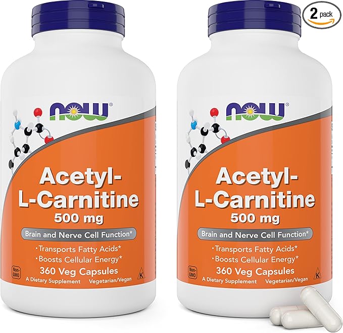 NOW Foods Now Acetyl L Carnitine 500mg 360 Veg Caps (Pack of 2) - Non-GMO ACL 500 mg Capsules Supplement for Men and Women