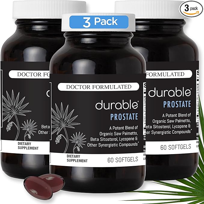Durable Prostate – Organic USPlus Saw Palmetto + Beta-Sitosterol – Supports Men’s Prostate Health Bladder Function &amp Flow– Doctor-Formulated Made in USA- 90 Day Supply (180 Softgels).