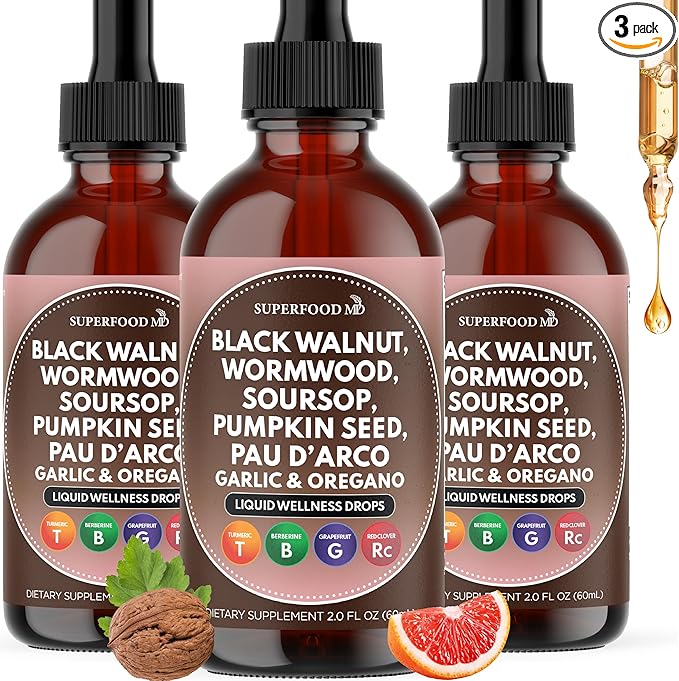 Wormwood Black Walnut Cleanse for Humans Drops Liquid Soursop Garlic Pumpkin Seed PAU D'Arco Oil of Oregano Turmeric Berberine Neem Extract Hull Bark Tincture - 6 oz
