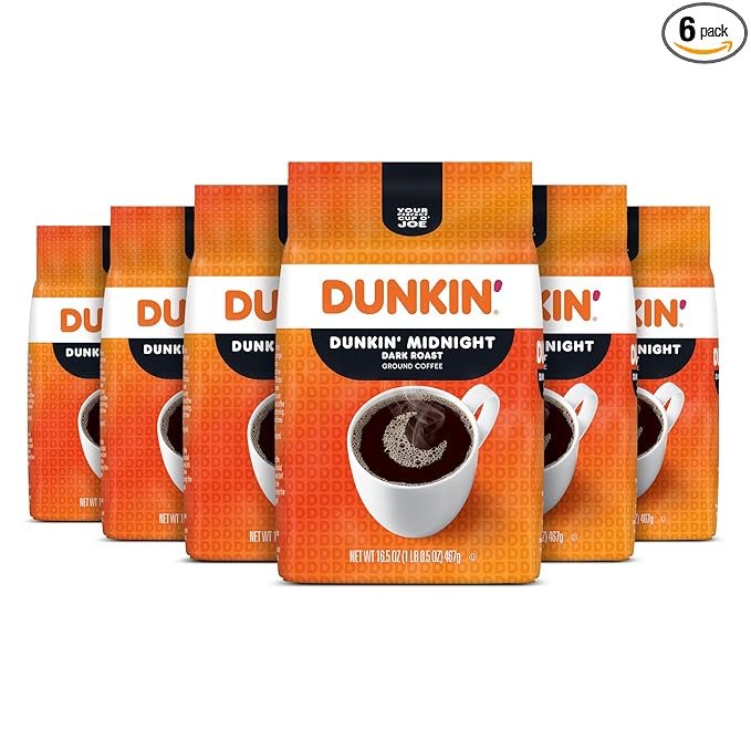 Dunkin' Midnight Dark Roast Ground Coffee 16.5 Ounce (Pack of 6)