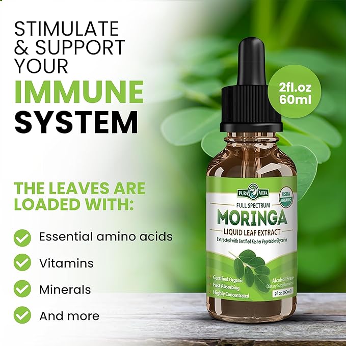 PURA VIDA MORINGA Leaf Extract Liquid Drops - USDA Organic Certified - Highly Purified Bioavailable &amp Faster Absorption than Moringa Powder or Capsules - Single Origin Moringa Oleifera Leaves Ext