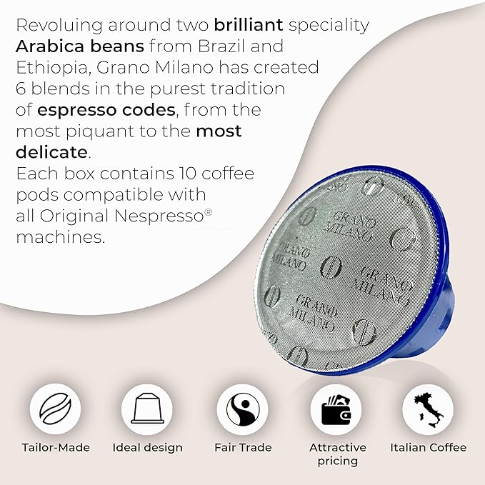 Grano Milano Supremo - 50 Espresso Pods Compatible with Nespresso Original line Dark Roast - Intensity 11/12 Coffee Capsules Made in Italy Espresso Coffee