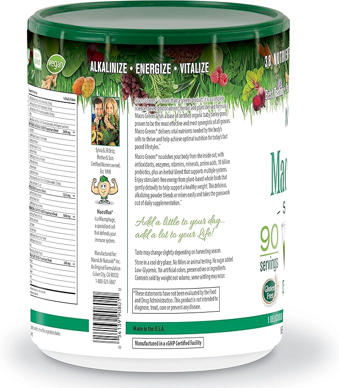 MacroLife Macro Greens Powder 38 Superfood Probiotics Antioxidants Digestive Enzymes &amp Adaptogen Supplement - Daily Super Green Juice &amp Smoothie Mix - Non-GMO Vegan Gluten-Free - 30 oz (90 Ser