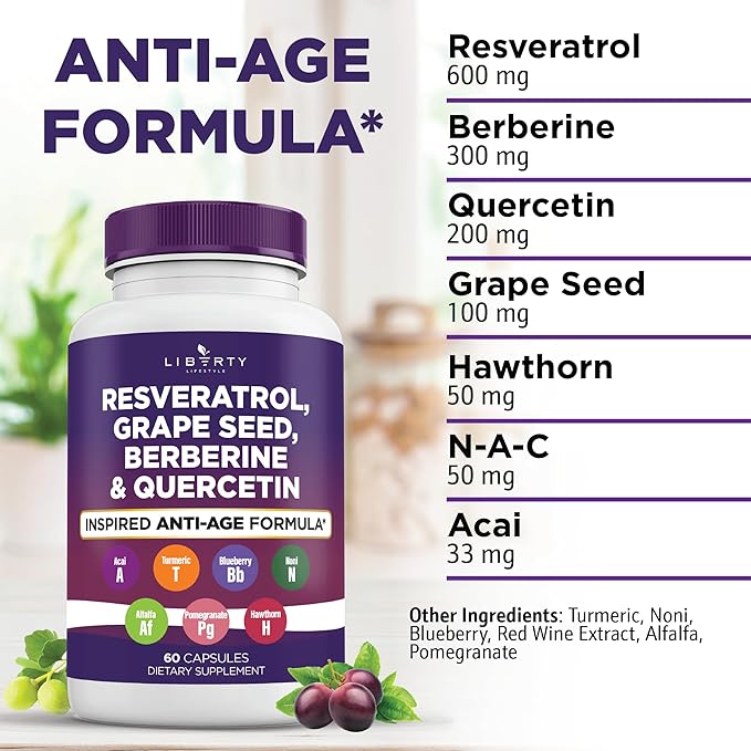 Resveratrol Berberine Grape Seed Extract Quercetin Polyphenol Supplement for Women and Men with Noni Extract N-Acetyl Cysteine Acai Extract - 2-Pack