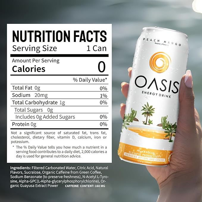 Oasis Energy Drink - Peach Mango (12-Pack) Smooth Clean Energy with Focus-Boosting Nootropics Zero Sugar Low-Calorie Vegan Gluten-Free Juicy Fruity Flavor Perfect for Work &amp Daily Workouts (