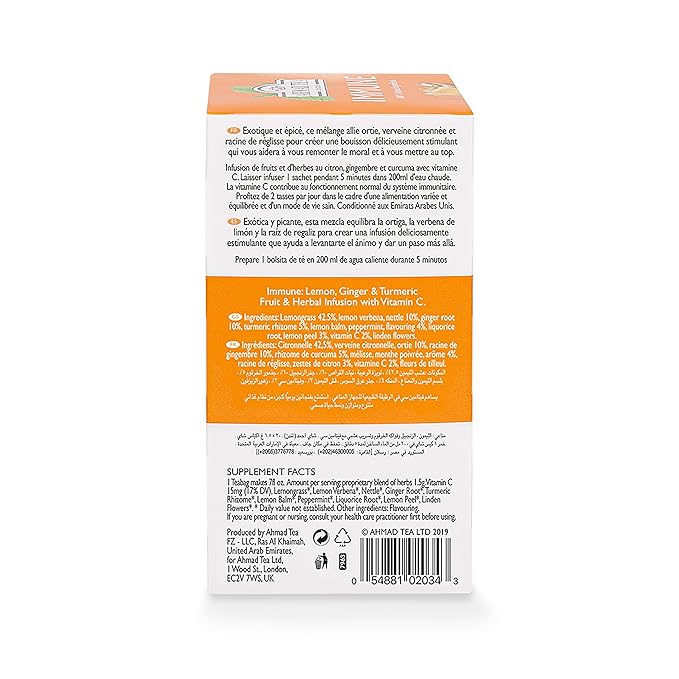 Ahmad Tea Herbal Tea Lemon Ginger Turmeric &amp Vitamin C 'Immune' Natural Benefits Teabags 20 ct (Pack of 6) - Decaffeinated &amp Sugar-Free
