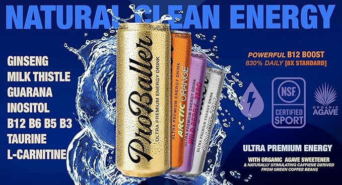 ProBaller Ultra Premium Energy Drink - Natural Clean NSF Certified Sport Drink - Gluten Free Amino Acids Taurine Organic Agave Vitamin B 12 Methylcobalamin Electrolytes - 15 Pack - Citrus - Laker